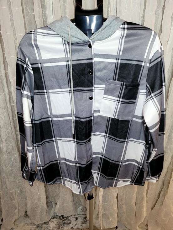 no brand Tops - Black White Gray Mix Media Plaid Hooded Flannel Shirt Jacket Button Down Shacket
